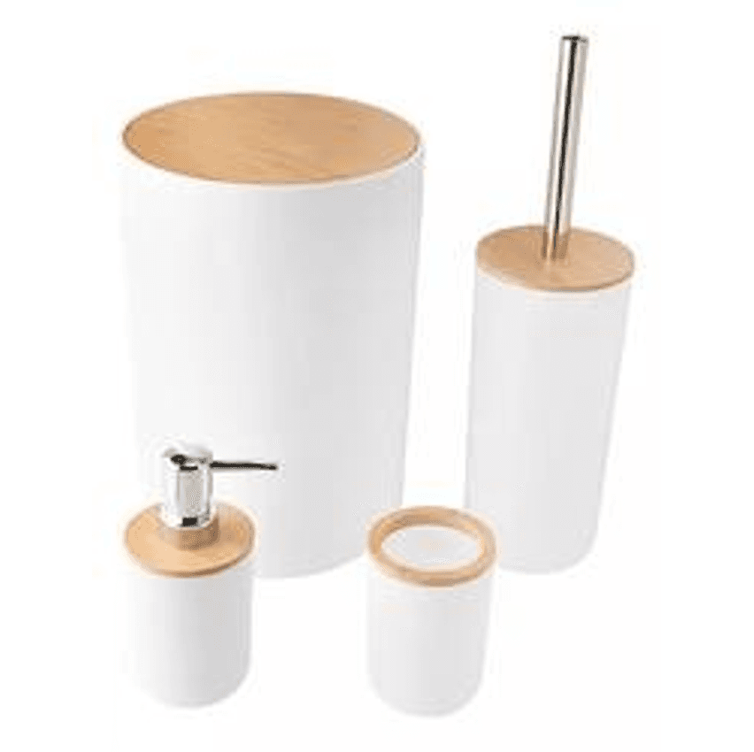 Kit Banheiro Lixeira Porta Escova 4 Peças Tampa Bambu Branco