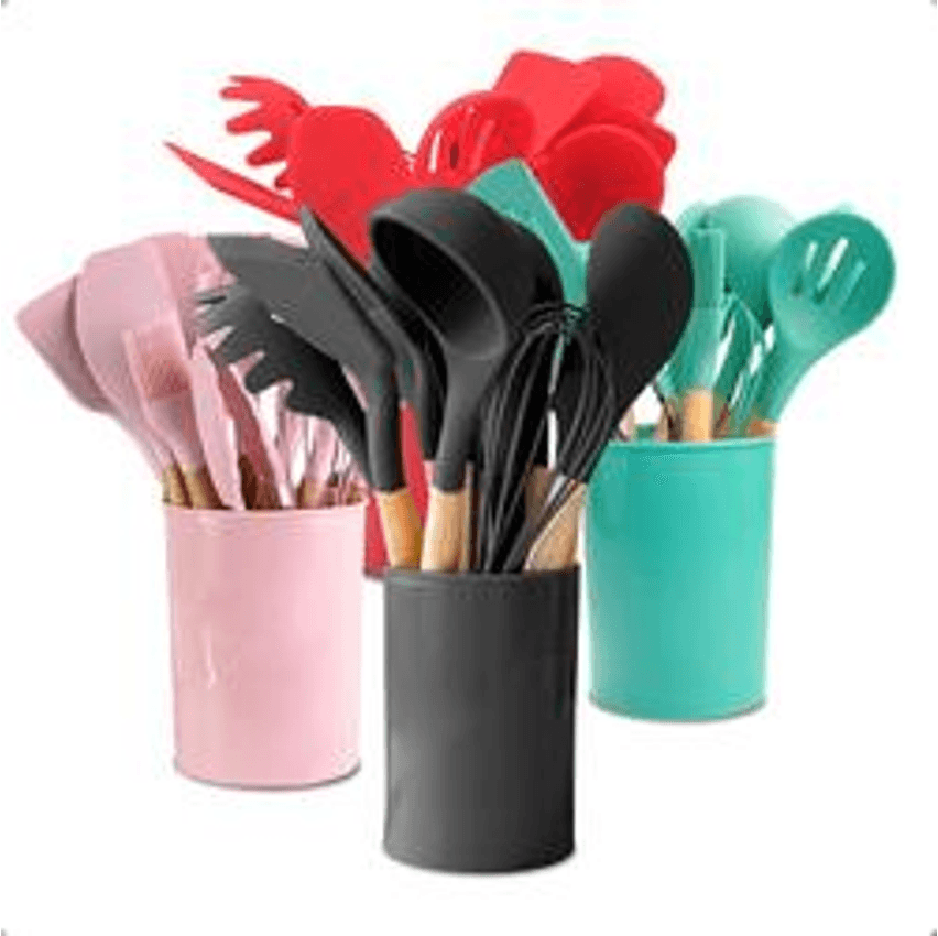 Kit C/12 Utensílios De Cozinha Silicone Cabo Madeira