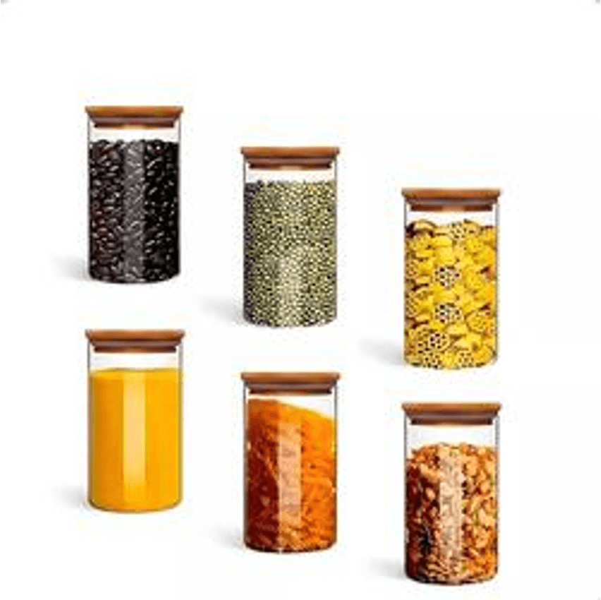 Kit Com 6 Potes De Vidro C/ Tampa De Bambu Hermético 300ml