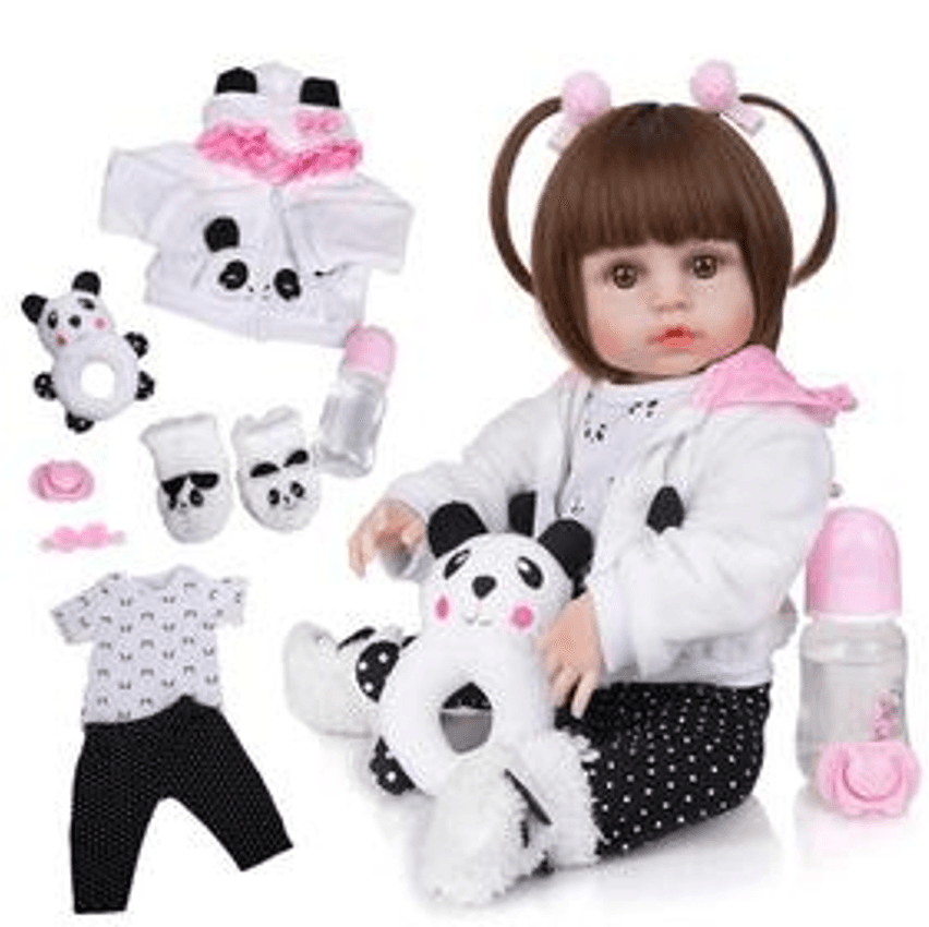 Brastoy Boneca Bebê Reborn Silicone Menina Panda ou Coelho Olhos Castanhos 48cm Original