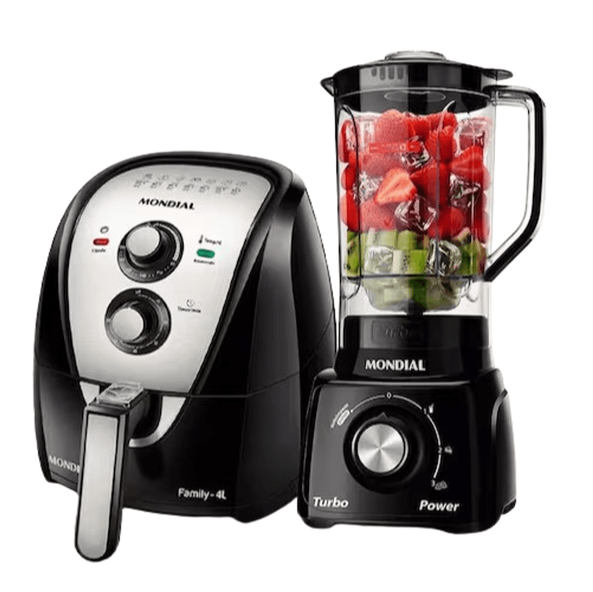 Fritadeira Elétrica Sem Óleo Air Fryer Mondial AFN40BI 4L - Preta/Inox + Liquidificador Mondial Turbo Power L-99 FB 500W com 3 Velocidades - Preto - 220V