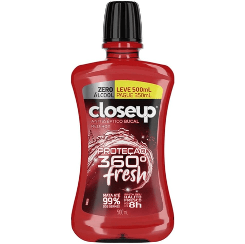 Enxaguante Bucal Antisséptico Zero Álcool Red Hot Closeup Proteção 360° Fresh Frasco Leve 500ml Pague 350ml, Close Up
