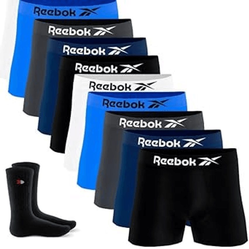 Kit 9 Cuecas Boxer Reebok Masculinas Microfibra Adulto Box Sem Costura+ 2 Meias