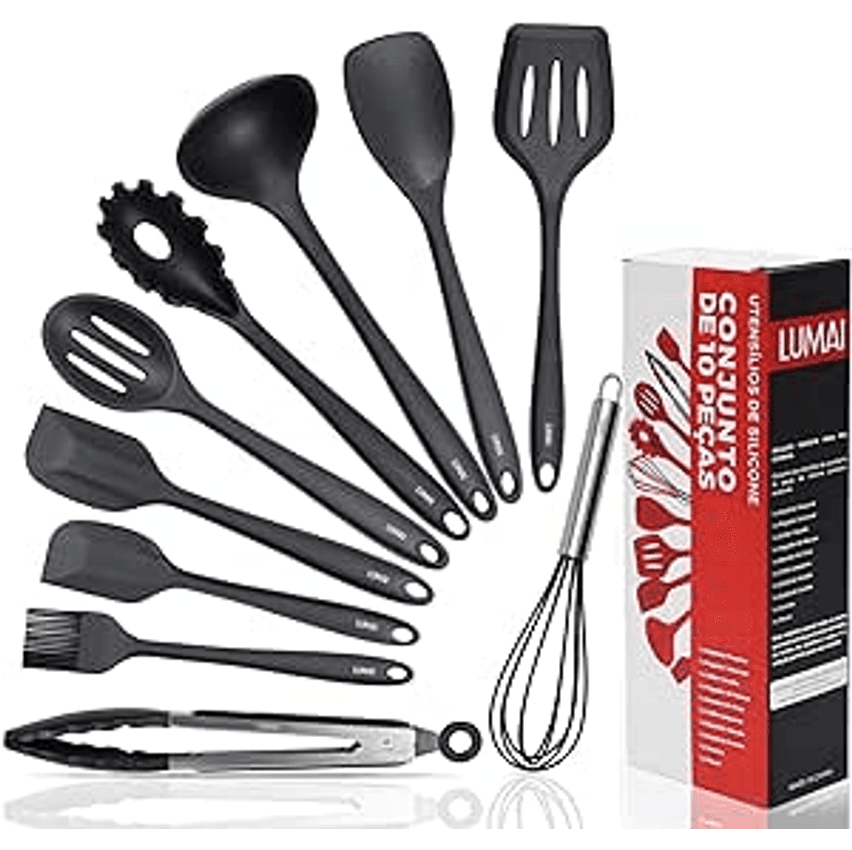 LUMAI Kit 10 Utensílios de Cozinha em Silicone e Aço Inox, Resistentes ao Calor e Antirriscos, Não Arranham Panelas, Conjunto Acessórios de Cozinha Completo com Espátula, Pegador, Concha, Colher Preto