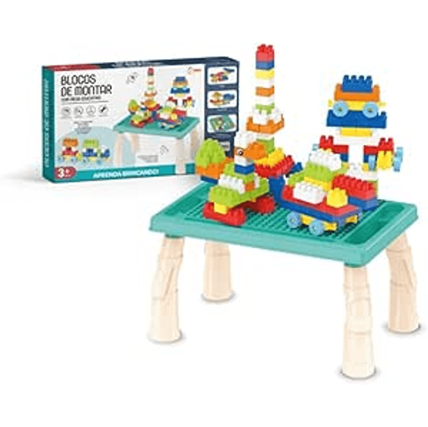 Mesa Infantil Educativa Com Blocos De Montar Mega Compras (azul)