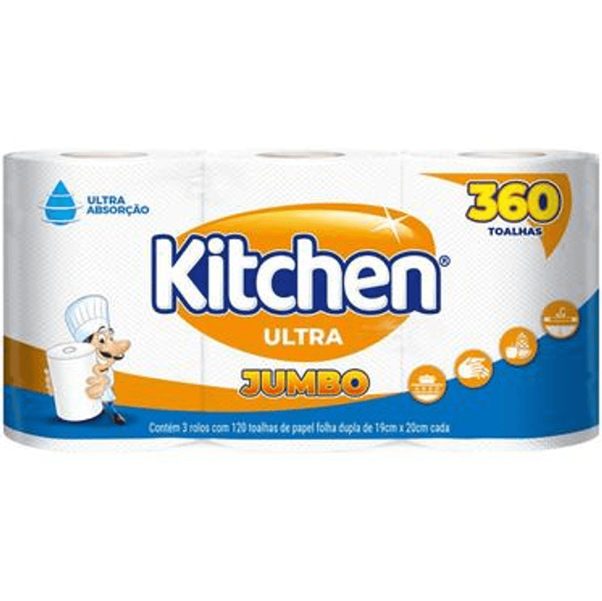 Papel Toalha Folha Dupla Jumbo Kitchen - 3 Rolos 360 Folhas