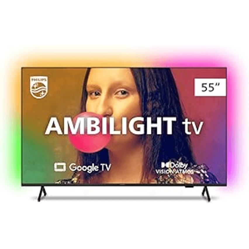 Smart TV Philips Ambilight 55" 4K 55PUG7908/78, Google TV, Comando de Voz, Dolby Vision/Atmos, VRR/ALLM, Bluetooth