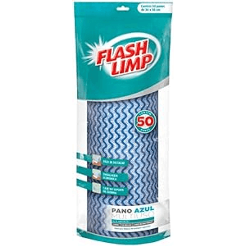 Flash Limp Pano Multiuso Rolo Com 50 Unidades Lavável E Secagem Rápida Azul