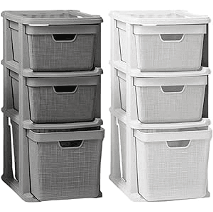 Kit 2 Gaveteiro Organizador Grande de Chão 15 Litros com 3 Gavetas em Plástico Juta (Cinza + Branco)