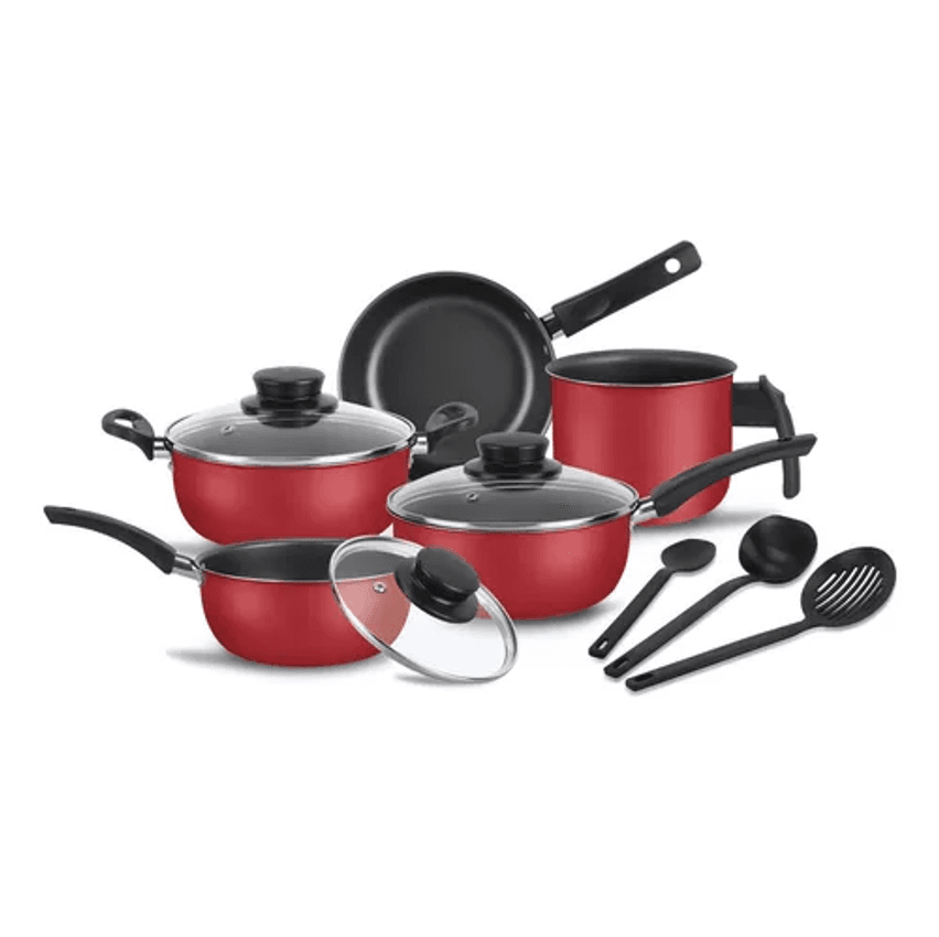 Conjunto De Panelas Com 8 Pçs Elegan Teflon E Tampa De Vidro Cor Vermelho