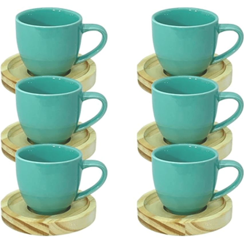 Jogo 6 Xicara Cafe Colorida Porcelana Pires Madeira 95ml - Mundo Da Porcelana (Verde)