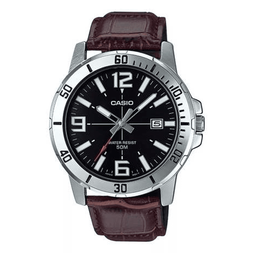 Relógio Pulseira Casio Enticer Mtp-v001gl-7budf Pulseira De Couro Preta, Caixa Dourado