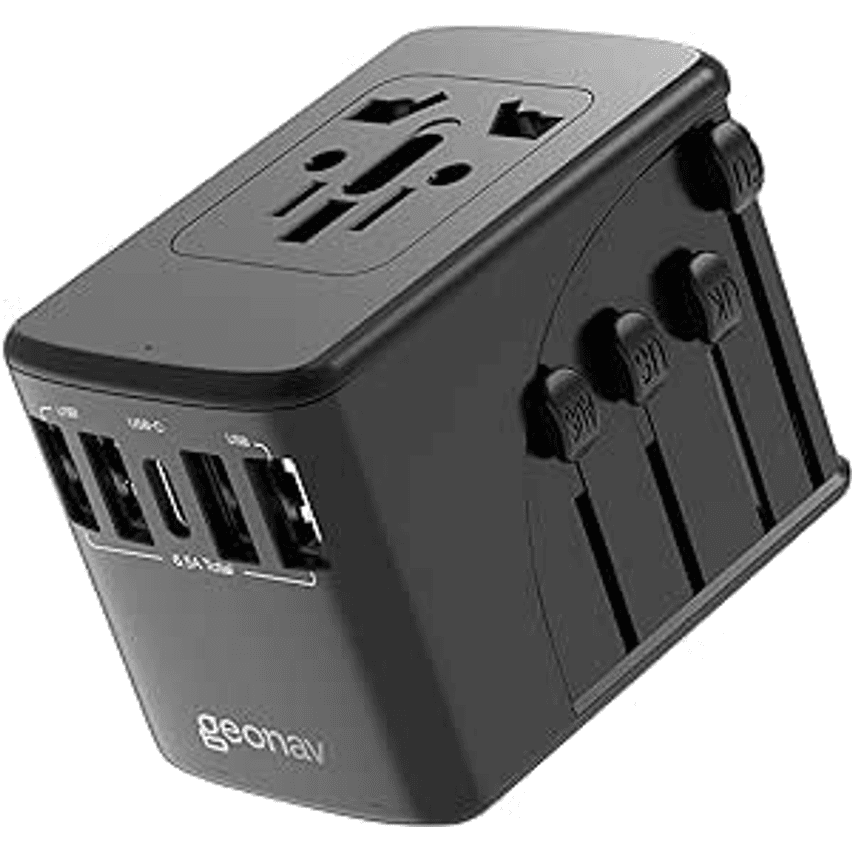 Geonav Carregador Universal com Adaptadores de Viagem, 4 Portas USB + 1 USB-C, TLCH65BK, Preto