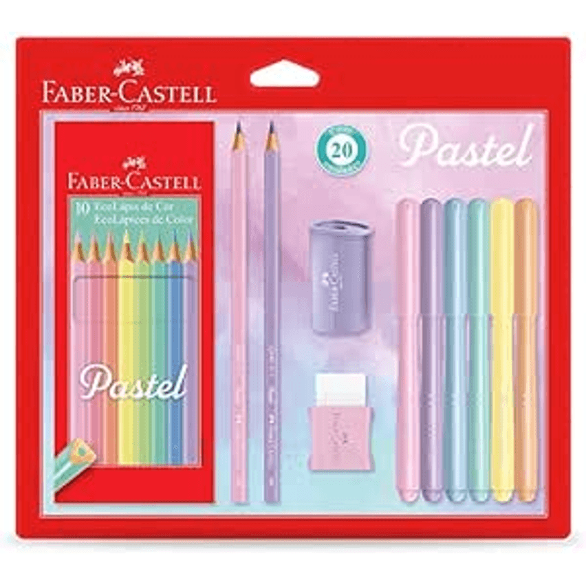 Kit Tons Pastel, Faber-Castell, KIT/PASTEL, KIT de 20, Lápis de Cor + Canetinhas + Borracha + Apontador + Grafite