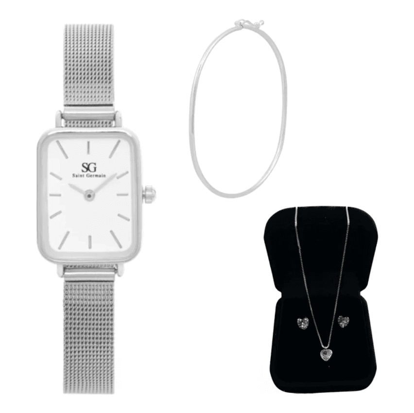 Kit Relógio Saint Germain Colar Brincos Bracelete Prata 925