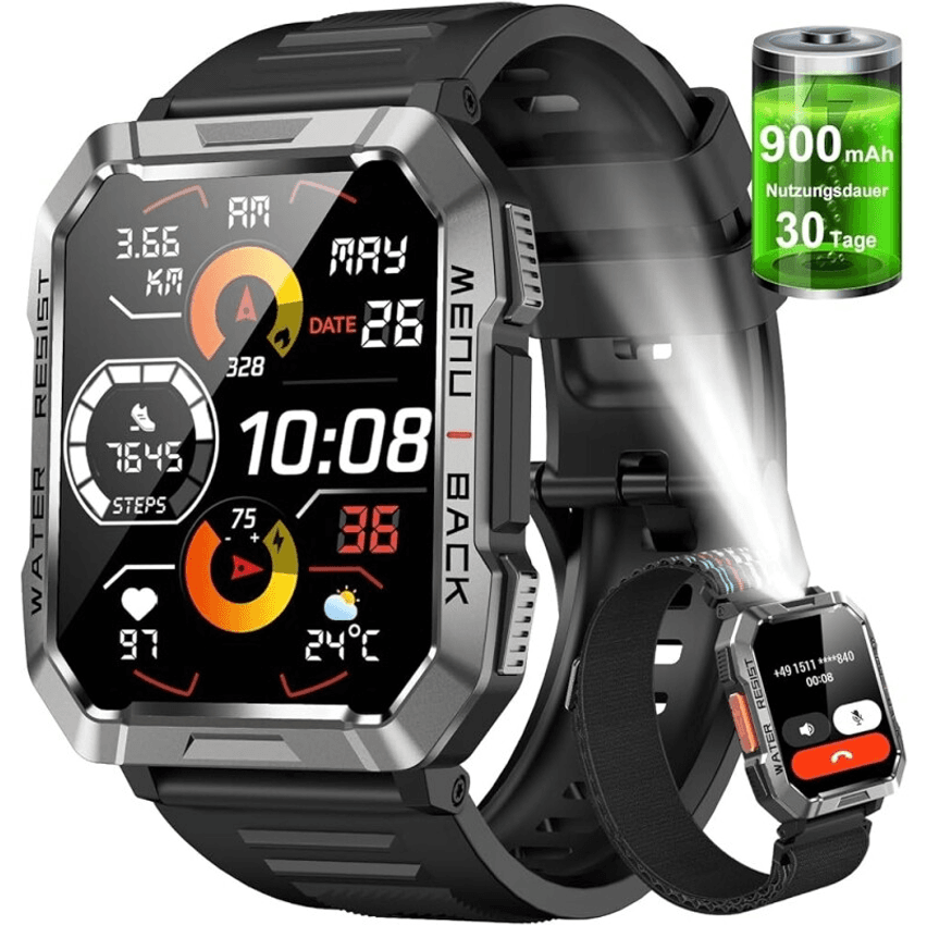 SmartwatchRelógio Inteligente Militar MasculinoMy Watch de Chamadas BluetoothBateria de 100 diasLanterna Rastreamento d