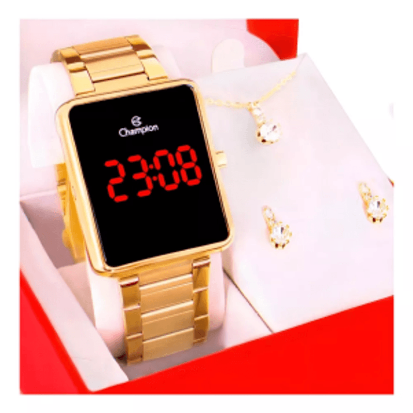 Kit Relógio Feminino Champion Digital Dourado Colar Brincos Cor do fundo led vermelho CH40086V