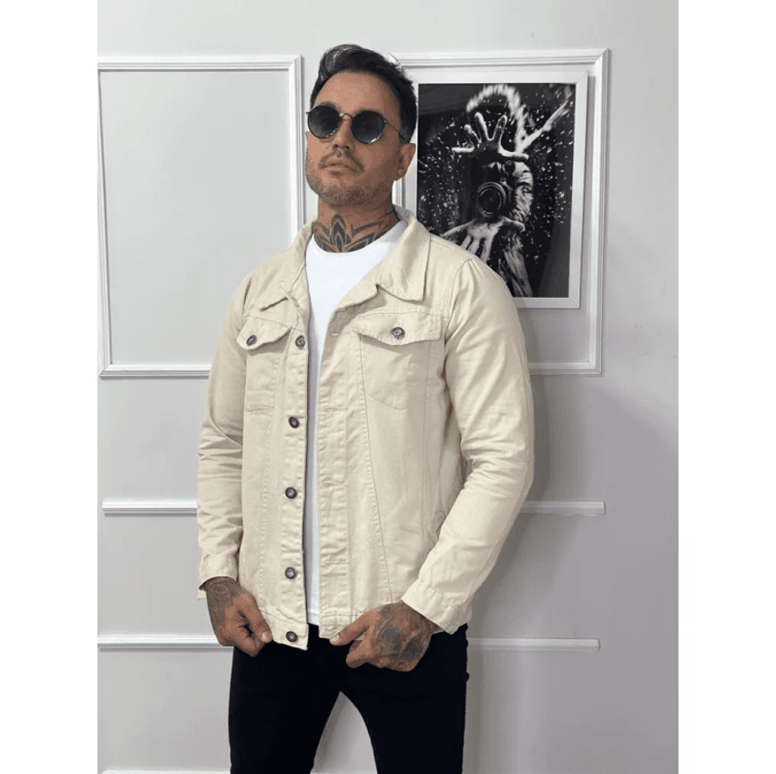 Jaqueta Masculina Com Bolso Frontal Sarja Algodão Bege