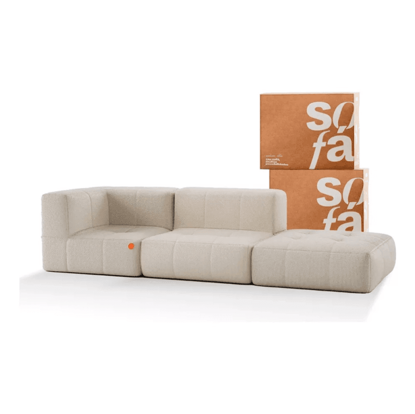 Sofá Na Caixa Modular 2 Lugares Em Boucle - 1 Braço Com Chaise - Linho