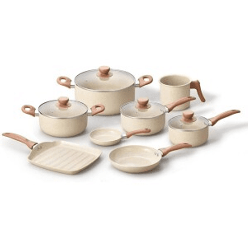 Oikos - Jogo com 8 Panelas Antiaderentes de Revestimento Cerâmica com Tampa de Vidro Terrara Bege com 5 Camadas para Fogão a Gás Elétricos