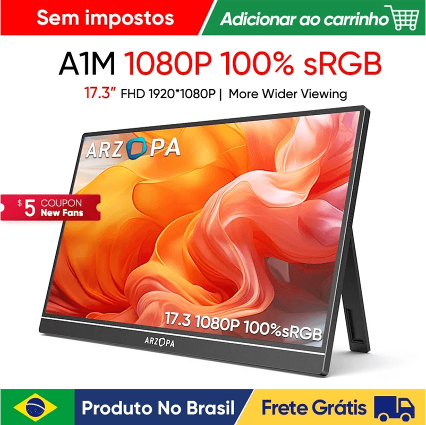 Monitor portátil ARZOPA de 17,3 polegadas 1080P FHD 100% sRGB tela IPS 16:9 corpo de metal com m