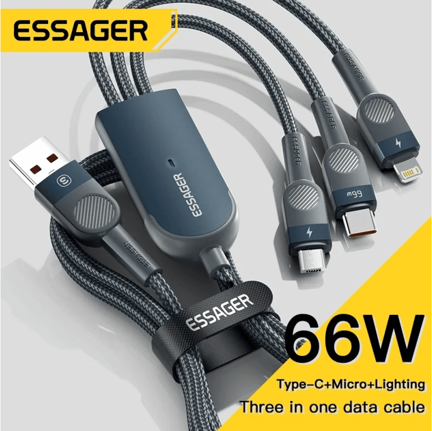 Cabo usb Essager 6a 66w 3 em 1 c para iphone 14 13 carregador micro usb tipo c ca