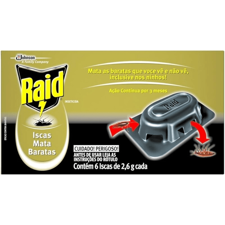Raid Inseticida Iscas Mata Baratas Elimina Baratas Até Nos Ninhos Proteção por até 3 meses 6 Unidades 26g