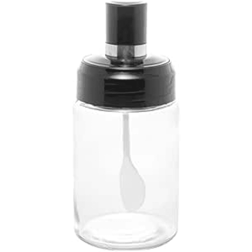 Açucareiro de Vidro com Colher e Tampa de Plástico Preta 7cm x 7cm 14cm - Wolff