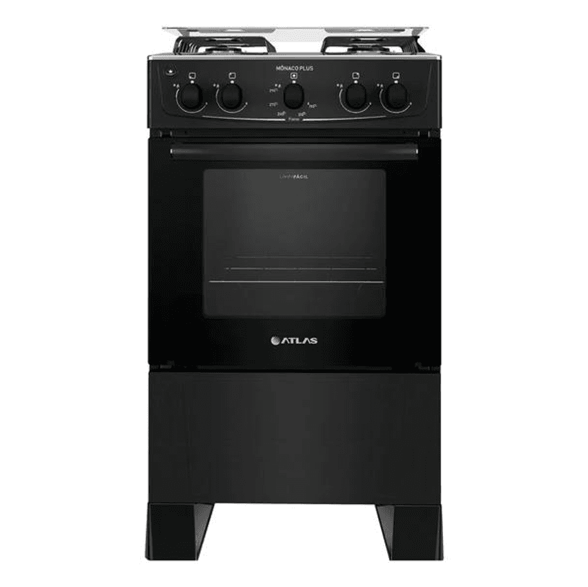 Fogão 4 Bocas Preto com Mesa Inox Atlas Mônaco Plus Bivolt 127V/220V 50Litros