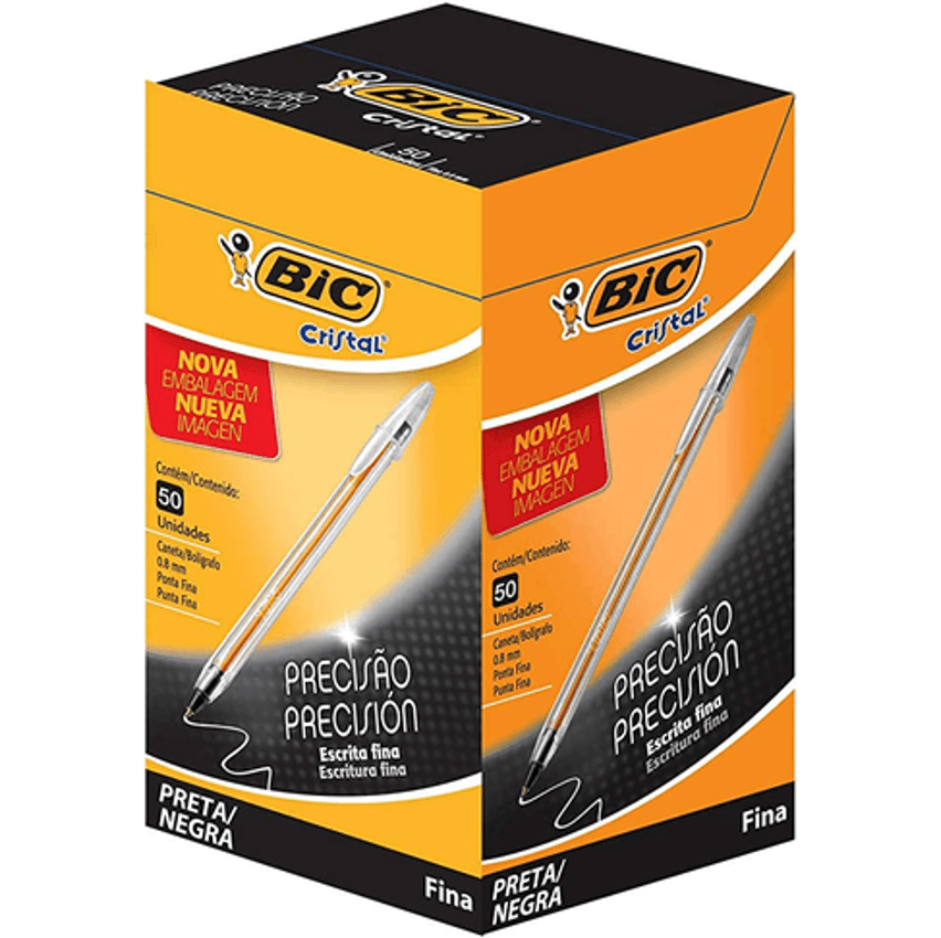 Caneta Esferográfica BIC Cristal Precisão e Suavidade, Preta, Ponta Ultra Fina, 0.8mm, 886649, 50 unidades
