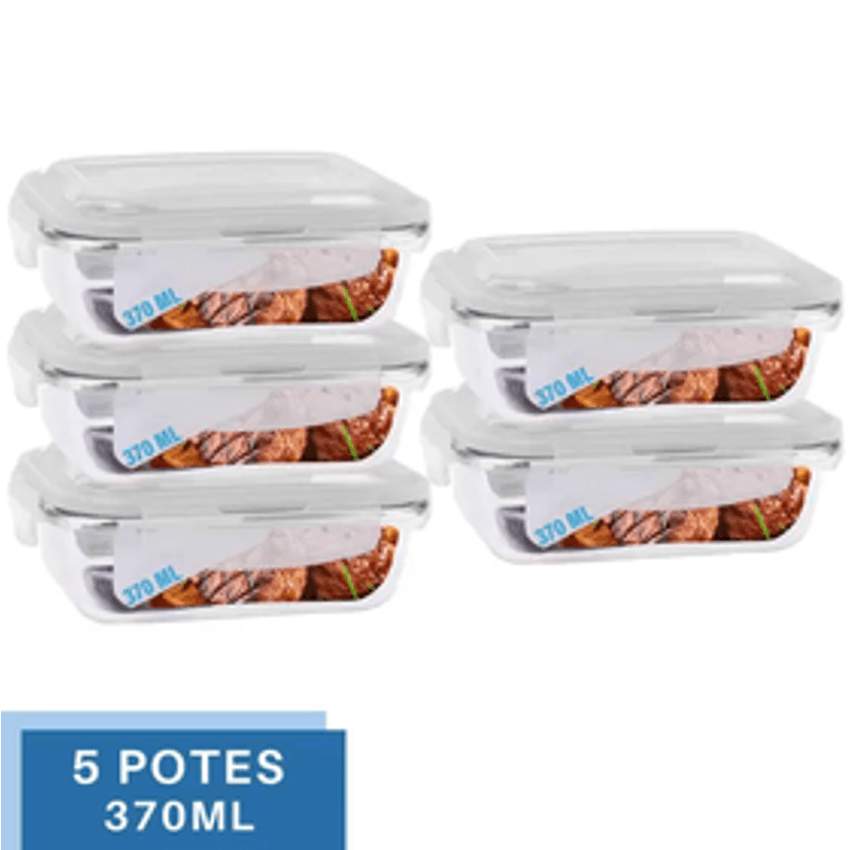 Conjunto 5 Potes Vidro Hermético Mantimentos Marmita 370ml - Praticasa