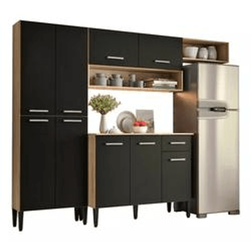 Cozinha Compacta Arizona Glam Com Armário E Balcão Carraro Cor Carvalho/Preto