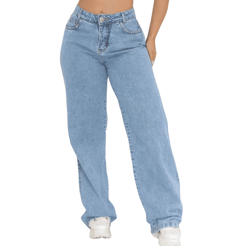 Calça Jeans Wide Leg Feminina Cintura Alta Sem Lycra