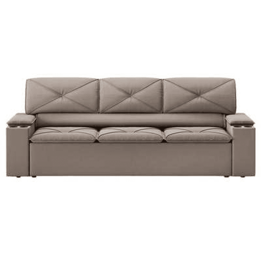 Sofá 3 lugares DDS Next Pop com Assento Retrátil e Encosto Reclinável em Velosuede com porta-copos - 205cm de largura  - Capuccino