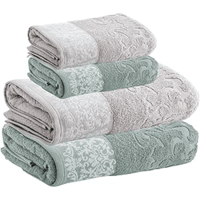 Kit Jogo Toalhas Banho e Rosto, 4 Peças, Medalhão, Corttex, Algodão, Jacquard, Alta Absorção, 450g/m² - Altihaus (Verde/Cinza)
