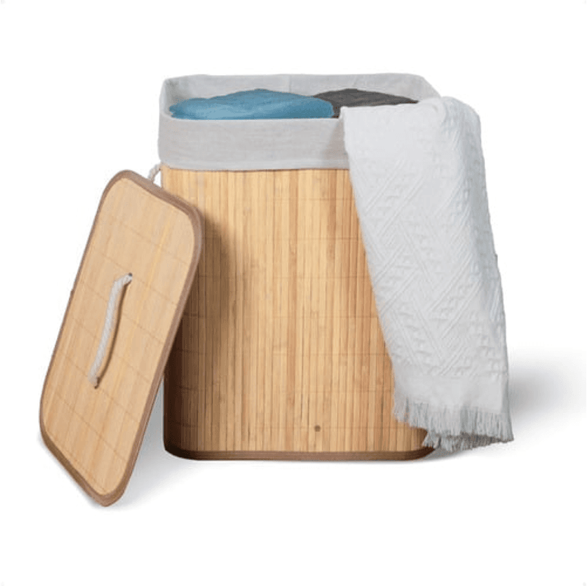 Cesto De Roupa Suja De Bambu Com Tampa E Alças 50 Litros Kontuz