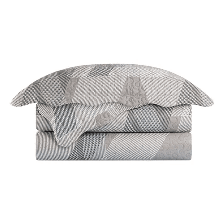 Colcha Patchwork 3 Peças Dupla Face Queen Camesa Cinza Lisa