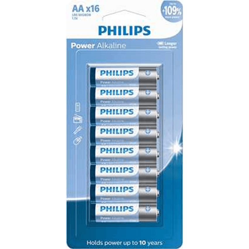 PHILIPS Pilha alcalina AA 1.5V com 16 unidades LR6P16B/59, Azul, branco e prata, padrão