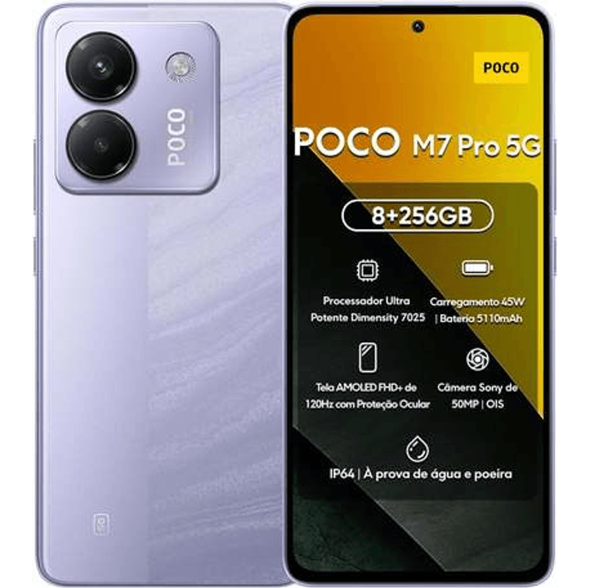 Xiaomi Smartphone POCO M7 Pro 5G 256GB | 8GB/12GB RAM | Processador Ultra Potente Dimensity 7025 | Tela AMOLED FHD+ 120Hz com Proteção Ocular | Bateria 5110mAh com 45W Turbo Charge (Roxo, 8+256GB)