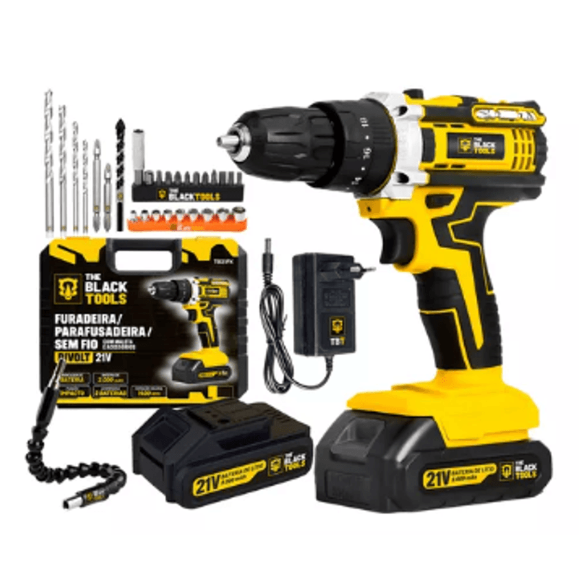 Parafusadeira Furadeira De Impacto Profissional 21v Modelo TB-21PX 2 Baterias Com Maleta The Black Tools 127/220V 60Hz Amarelo