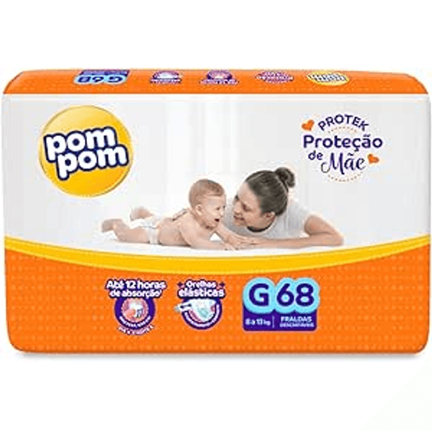 Fralda Pom Pom Protek Proteção de Mãe Hiper G 68 Unidades