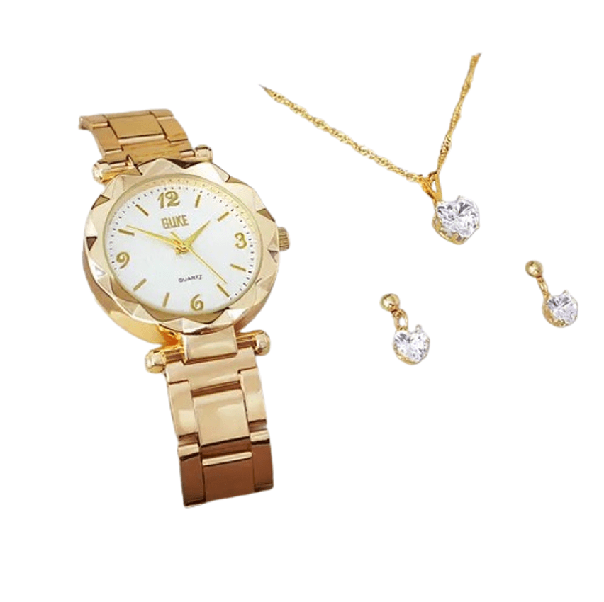 Relógio Feminino Analógico + Colar Brincos Folheado Ouro 18k