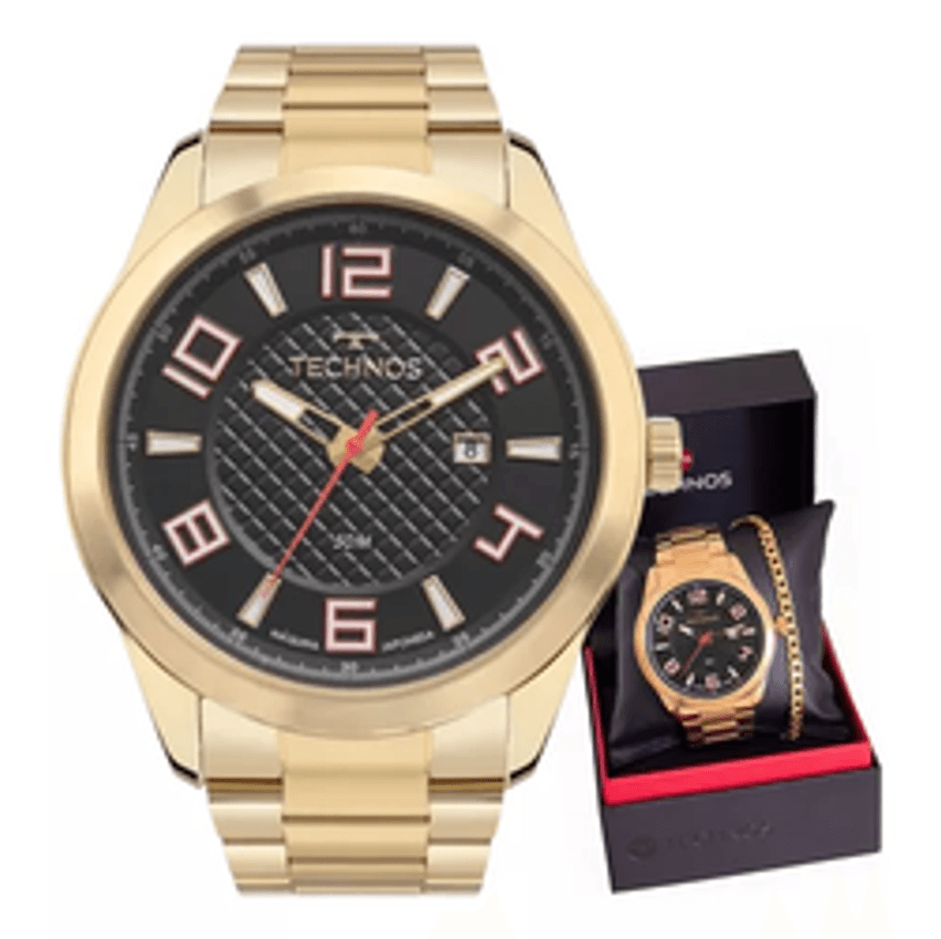 Relógio Technos Masculino Dourado Preto Com Calendário
