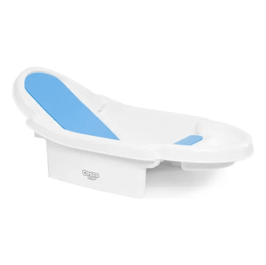 Banheira Dobrável Fold Up Cosco Kids Azul e Branca, Anatômica, Compacta, com Saboneteira e Fundo Macio para Conforto e Segurança do Bebê em Casa ou Viagens