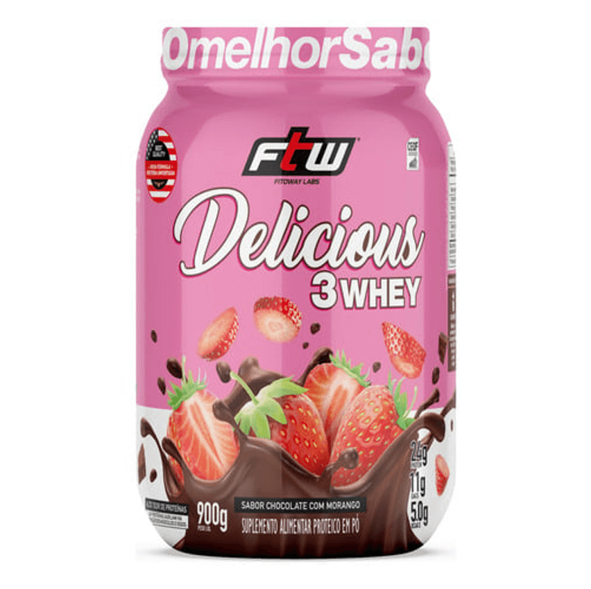 Delicious 3 Whey Proteína Hidrolisada Concentrada E Isolada Pote 900g Sabor Chocolate com Morango - FTW