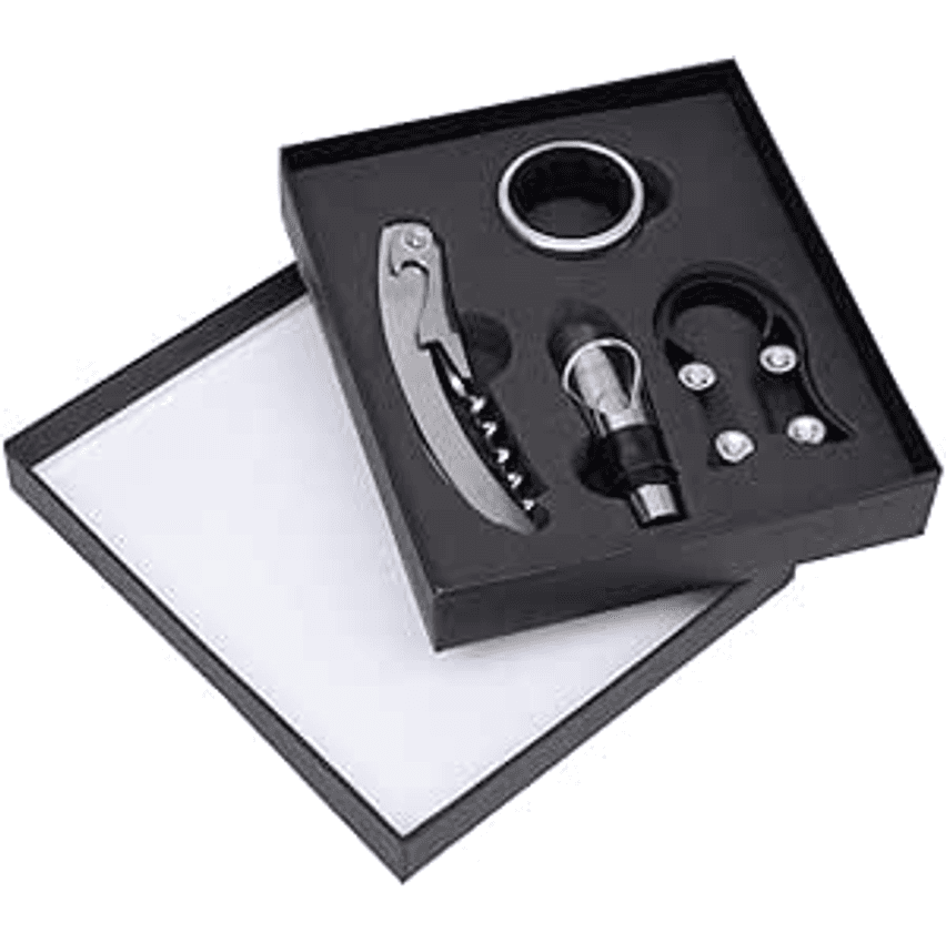 Mimo Style Jogo Para Vinho no Estojo Com 4 Pçs, Inclui Saca-Rolhas, Anel Salva Gotas, Cortador de Lacre e Bico Dosador, Produzidos em Inox, Material Neutro e Inodoro, Resistentes e Finamente Acabados