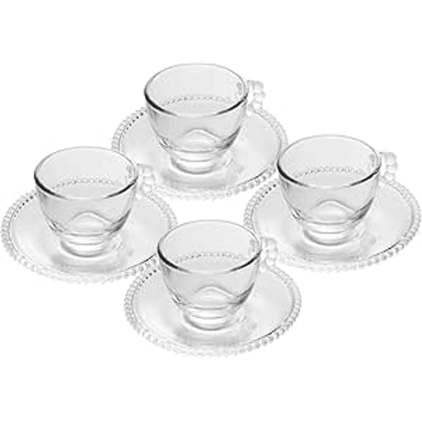 WOLFF Conjunto de Xícaras e Pires de Cristal Pearl 80ml 4 Peças Transparente - Mesa Posta - Itens Para Casa - Utensílios de Cozinha - Enxoval - Casamento - Decoração