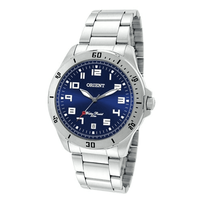 Relógio De Pulso Orient Mbss1155a  Com Corria De Aço Inoxidável Cor Prata - Fondo Azul-escuro