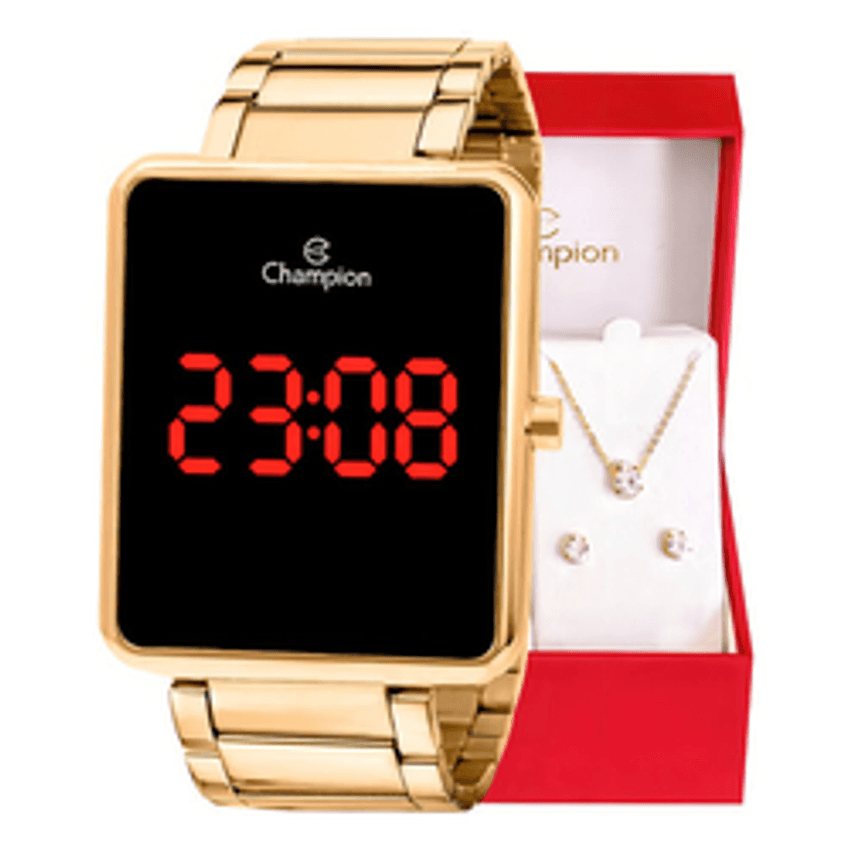 Kit Relógio Feminino Champion Digital Dourado Colar Brincos Cor Do Fundo Led Vermelho Ch40080v