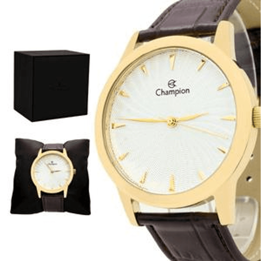 Relogio Masculino Champion Analogico Aço Inoxidavel Dourado Pulseira Couro Mostrador Branco Original Resistente A Agua 1 Ano De Garantia Cn20588s